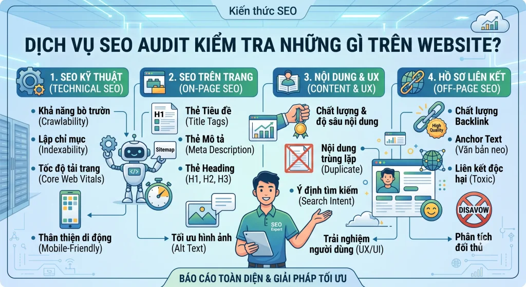 4 trụ cột SEO Audit – Kiểm tra toàn diện, tối ưu vượt trội.
