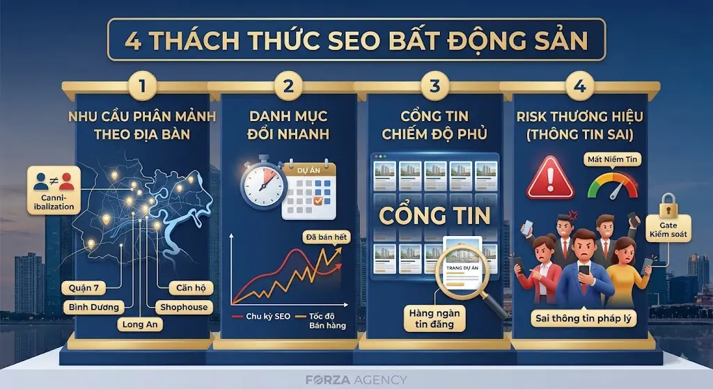 Nhu cầu tìm kiếm phân mảnh, Danh mục dự án biến động nhanh, Sự lấn lướt của các cổng tin lớn và Rủi ro thương hiệu từ thông tin sai lệch.