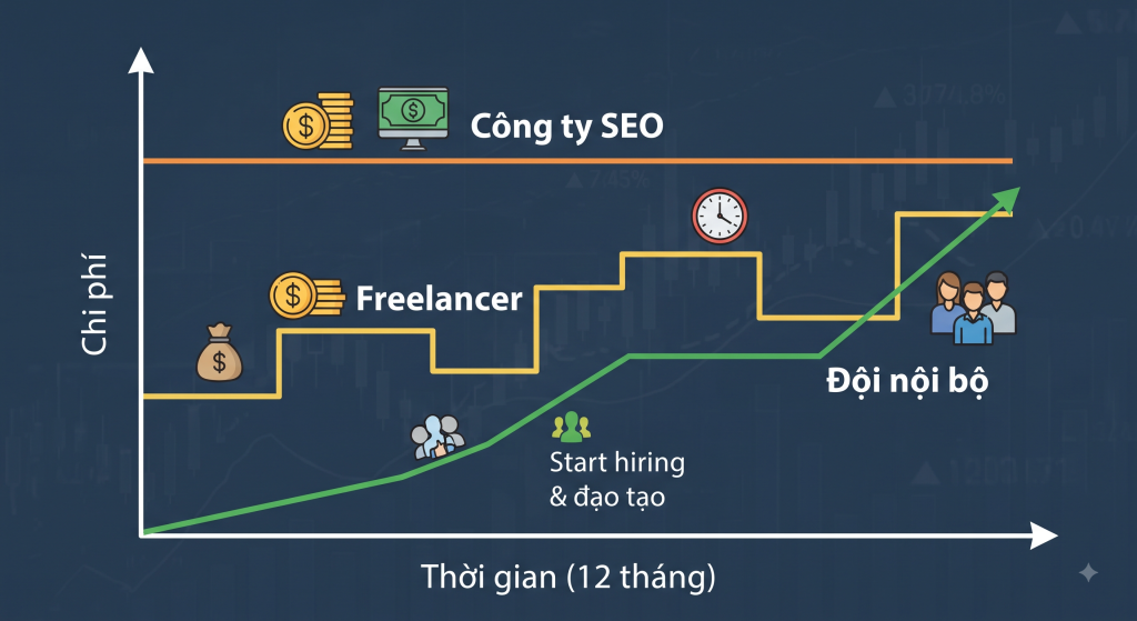 Biểu đồ so sánh chi phí giữa thuê ngoài và tự làm trong 12 tháng.