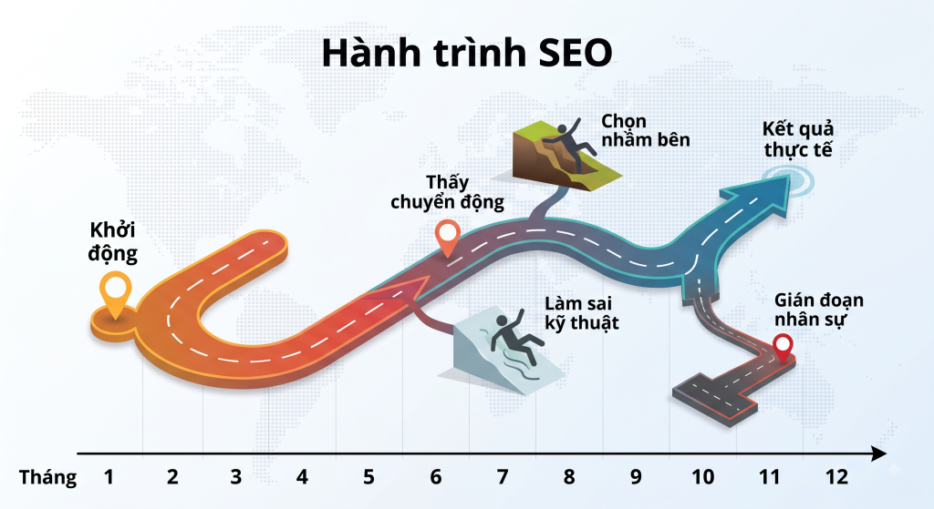 Lộ trình kết quả SEO 12 tháng và các điểm rủi ro.